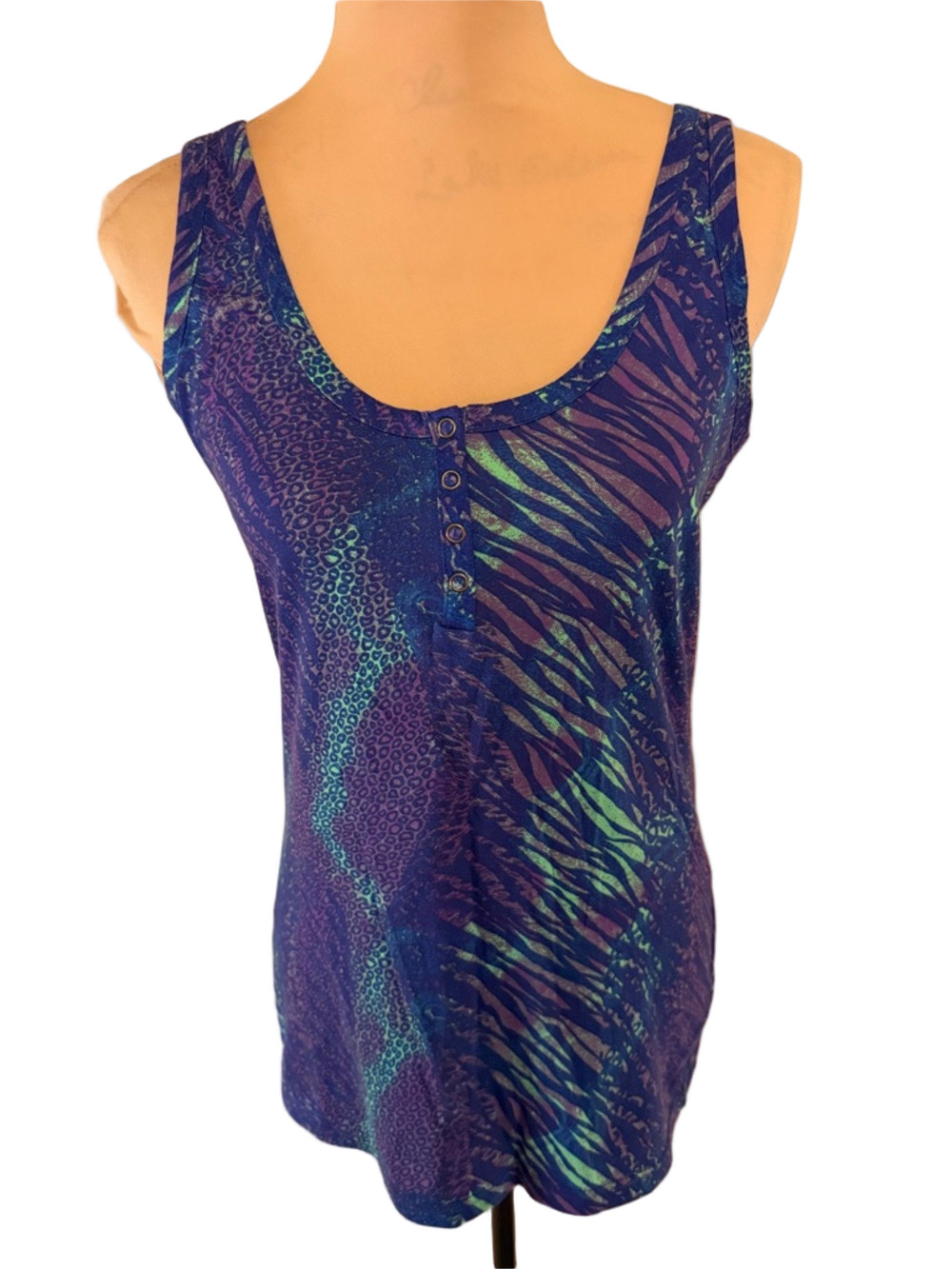 OP Sleeveless Scoop Neck Animal-Print Tank Top - Blue size L